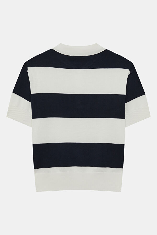 Lacivert Polo Yaka Çizgili Kadın T-Shirt 2