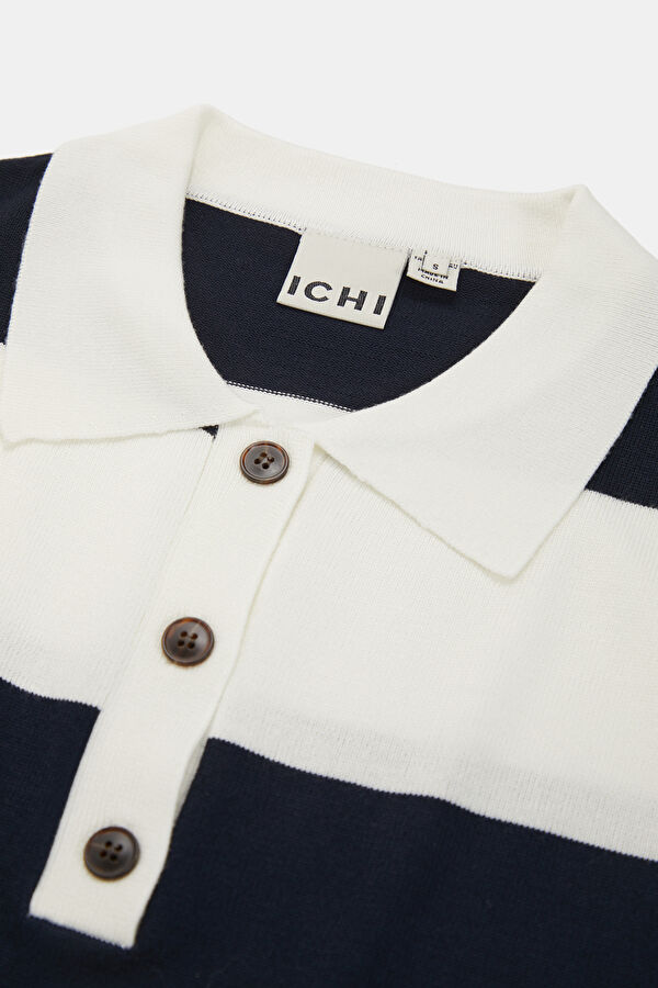 Lacivert Polo Yaka Çizgili Kadın T-Shirt 3
