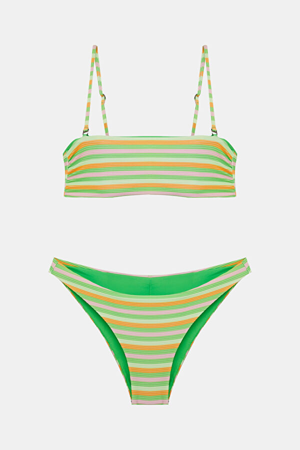 Yeşil Çizgili Desenli Bağlamalı Kadın Bikini