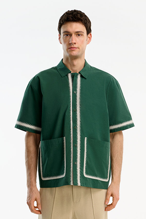 Relax Fit Green Embroidered Men's Shirt
