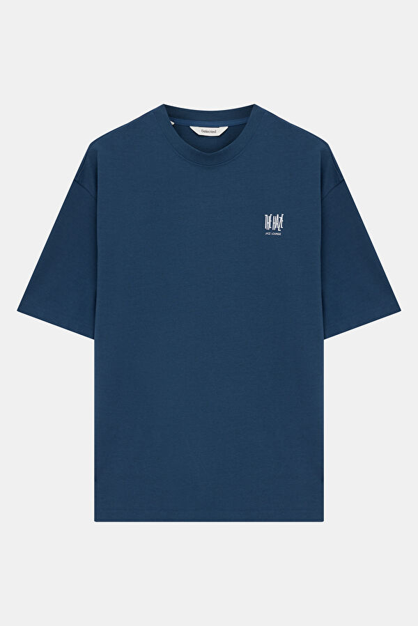 Relax Kalıp Mavi Bisiklet Yaka Erkek T-Shirt
