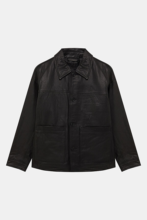 Black Buttoned Leather Men's Jacket