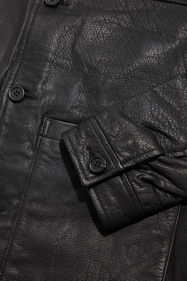 Black Buttoned Leather Men's Jacket 4
