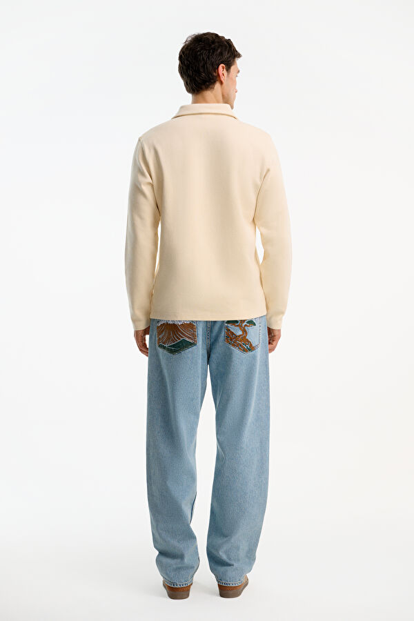 Krem Relax Kalıp Dik Yaka Erkek Sweatshirt 2