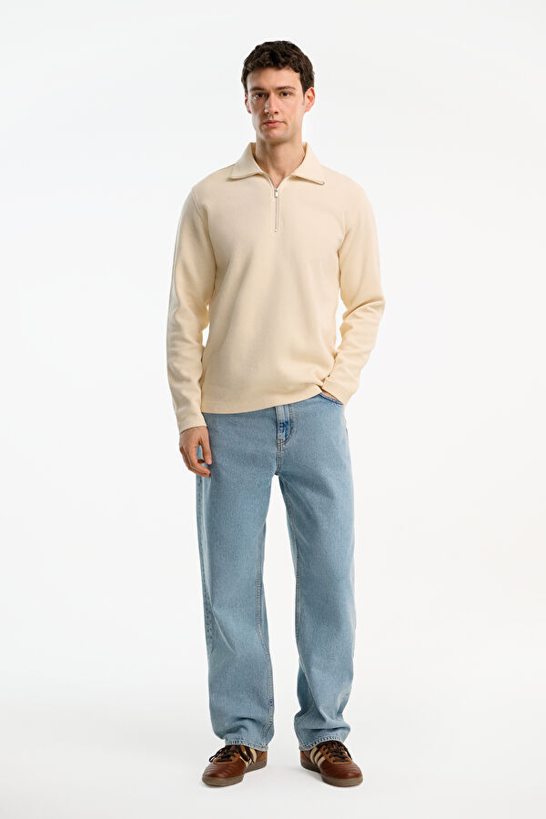 Krem Relax Kalıp Dik Yaka Erkek Sweatshirt 3