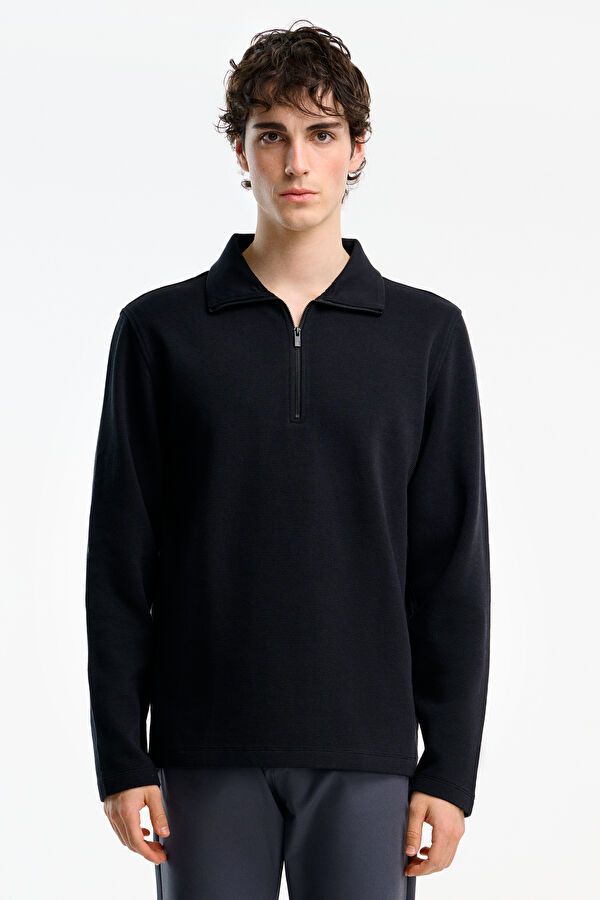 Siyah Relax Kalıp Dik Yaka Erkek Sweatshirt