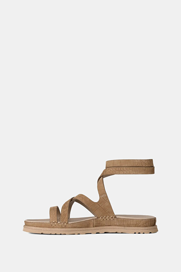 GoldenGaze Embossed Ankle Wrap Light Beige Women's Sandals 2