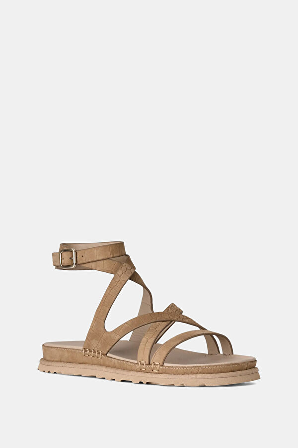 GoldenGaze Embossed Ankle Wrap Açık Bej Kadın Sandalet 3