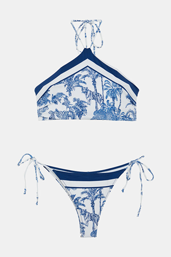 Beyaz Desenli Bağcıklı Kadın Bikini