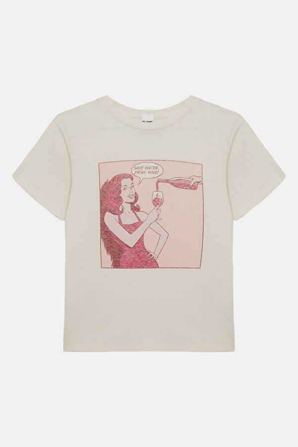 Beyaz Bisiklet Yaka Baskılı Kadın T-Shirt