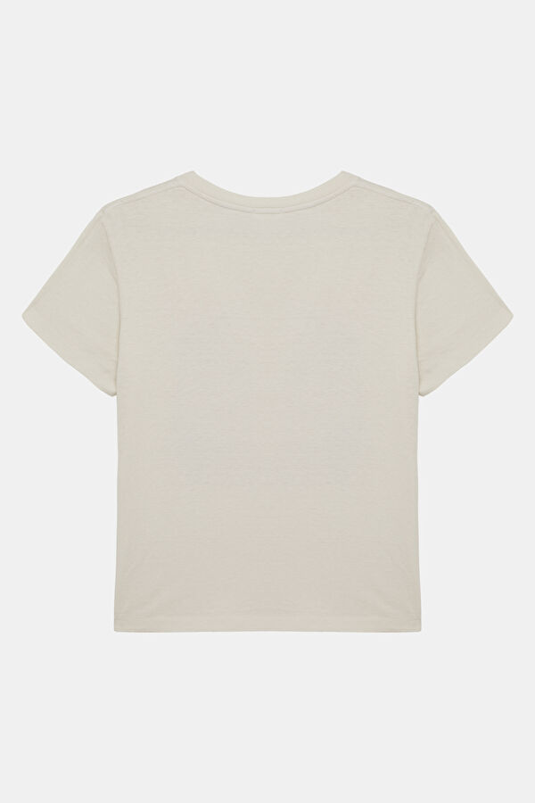 Beyaz Bisiklet Yaka Baskılı Kadın T-Shirt 2