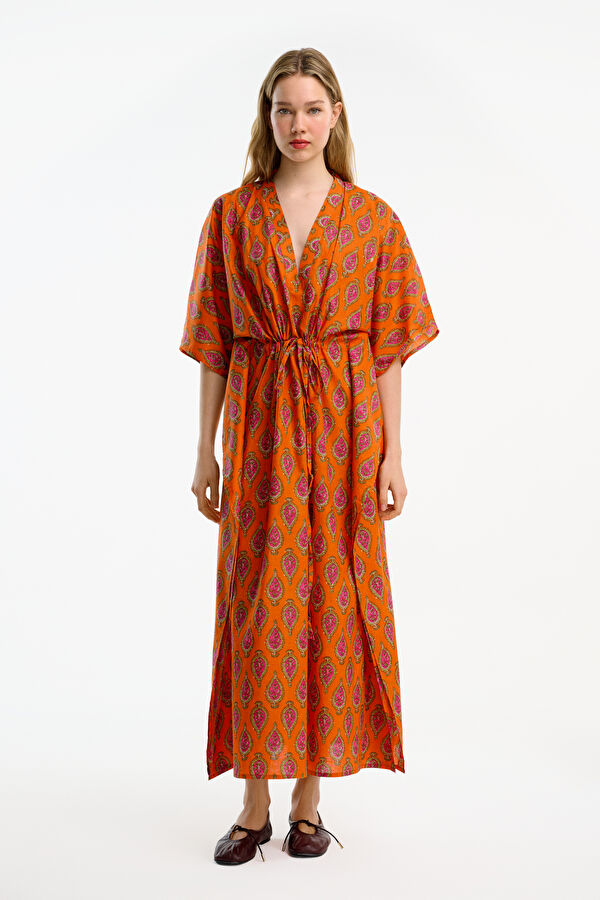 Orange Patterned Midi Women's Dress