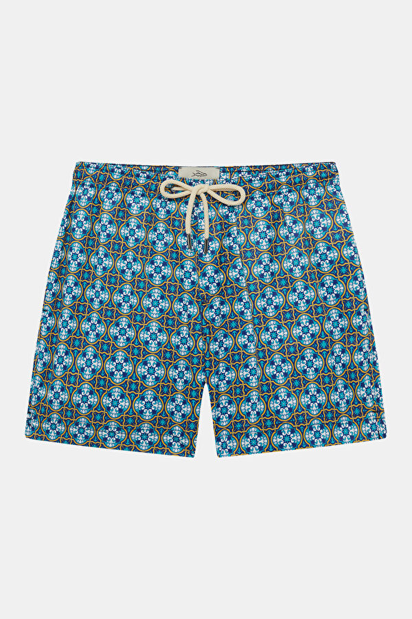 Blue Patterned Elastic Men's Swimsuit