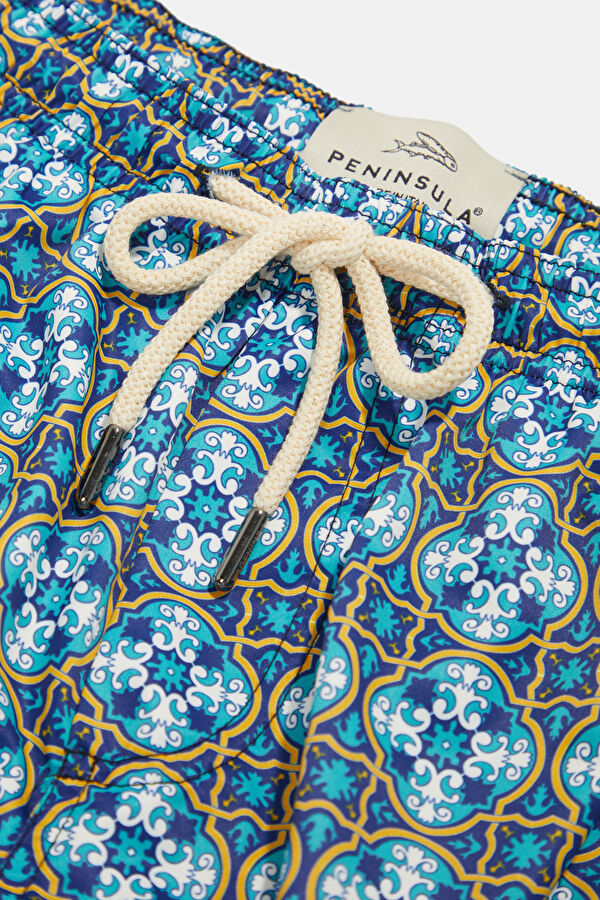Blue Patterned Elastic Men's Swimsuit 3