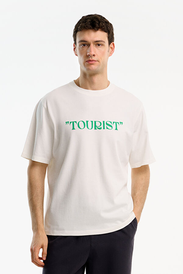 Relax Fit White Crew Neck Printed Men's T-Shirt