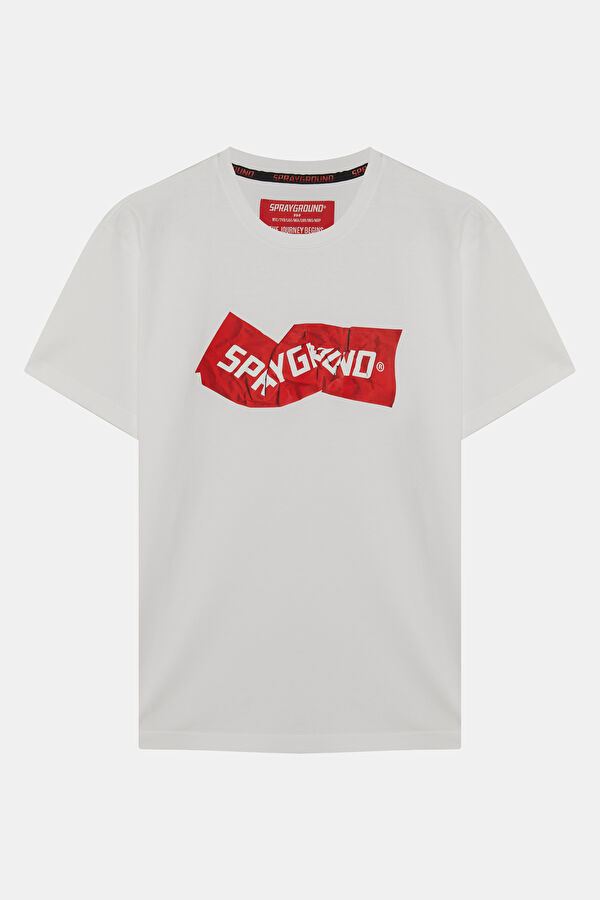 Relax Kalıp Beyaz Bisiklet Yaka Baskılı Erkek T-Shirt
