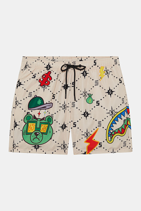 Beige Patterned Elasticated Men's Swimsuit