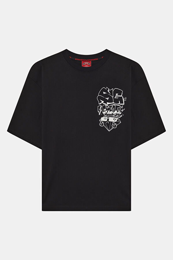 Relax Fit Black Crew Neck Printed Men's T-Shirt