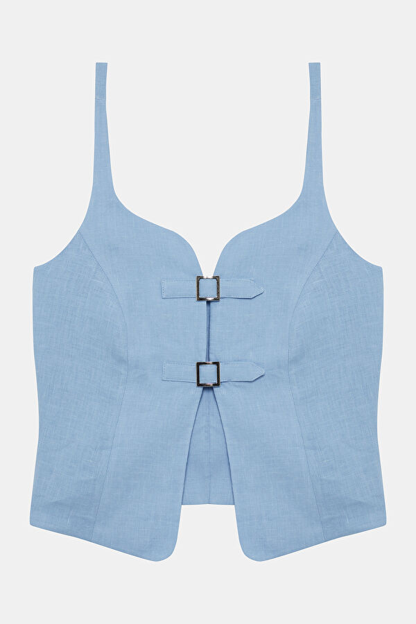 Blue Strappy Linen Women's Blouse