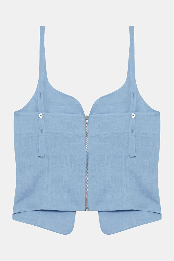 Blue Strappy Linen Women's Blouse 2