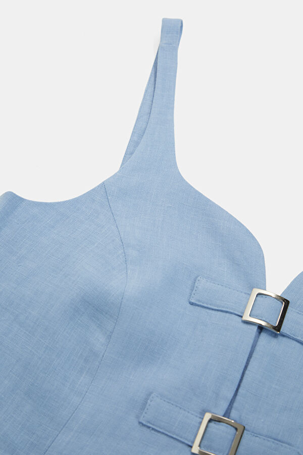 Blue Strappy Linen Women's Blouse 3