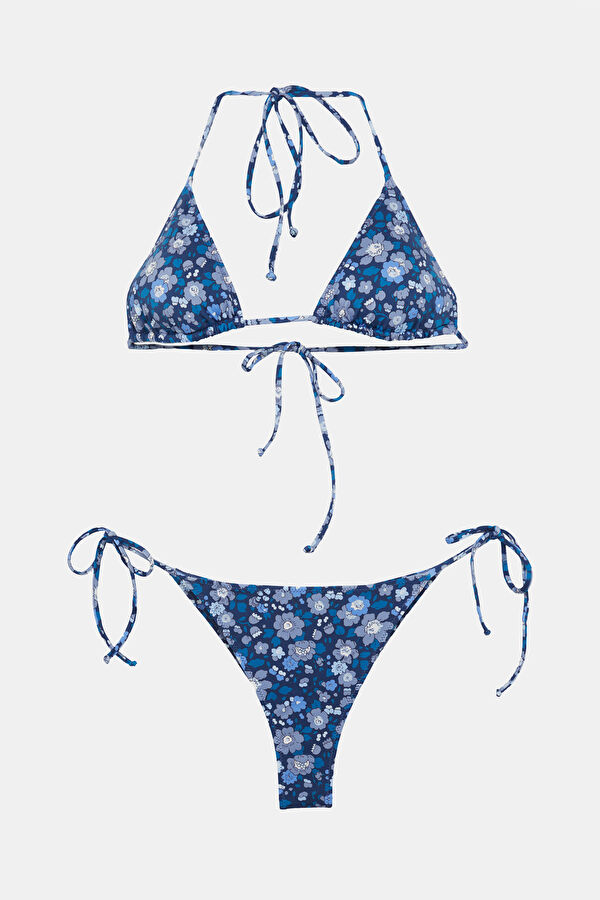 Navy Blue Patterned Lace-Up Women's Bikini