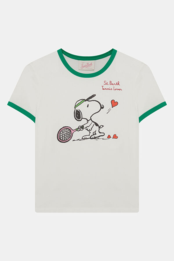 Beyaz Bisiklet Yaka Desenli Kadın T-Shirt