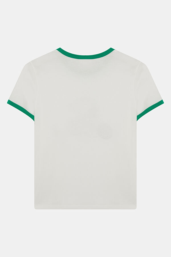 Beyaz Bisiklet Yaka Desenli Kadın T-Shirt 2