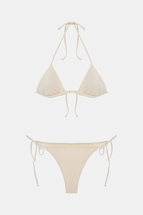 Krem Desenli Bağcıklı Kadın Bikini