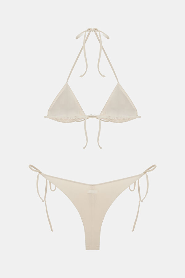 Krem Desenli Bağcıklı Kadın Bikini 2