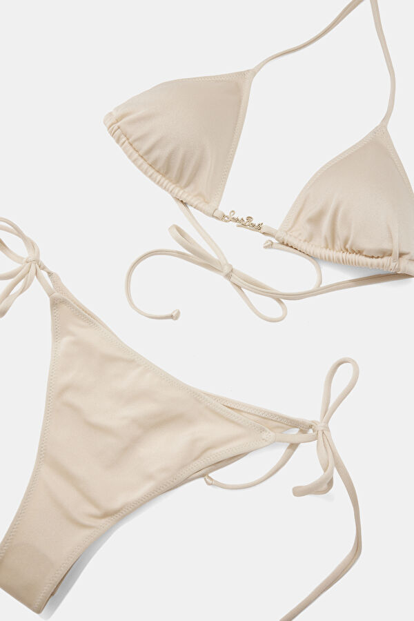 Krem Desenli Bağcıklı Kadın Bikini 3
