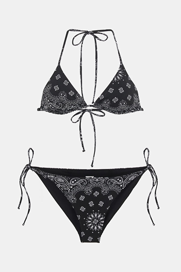 Siyah Desenli Bağcıklı Kadın Bikini