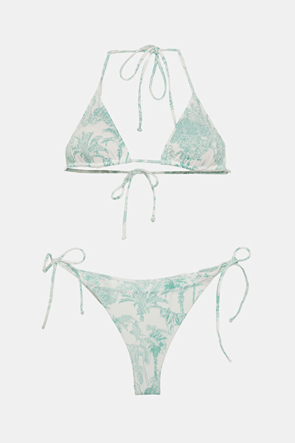 Green Patterned Lace-Up Women's Bikini