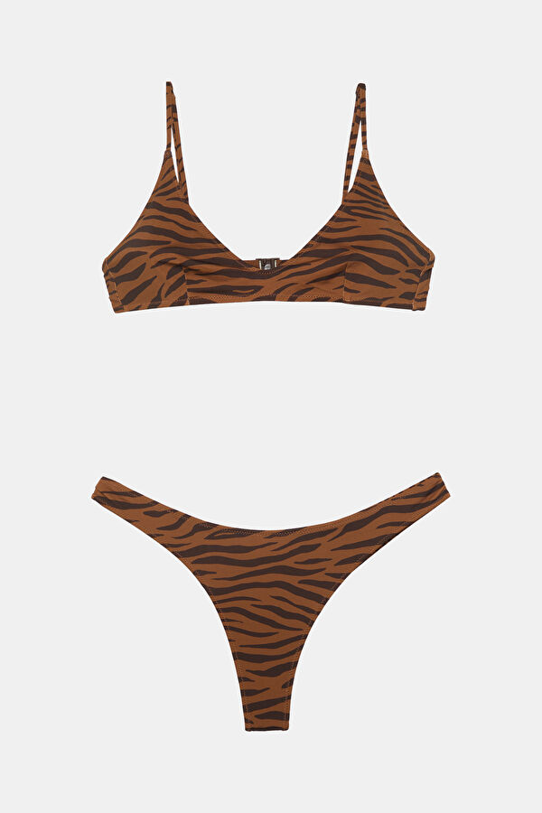 Brown Patterned Tie-Up Women's Bikini