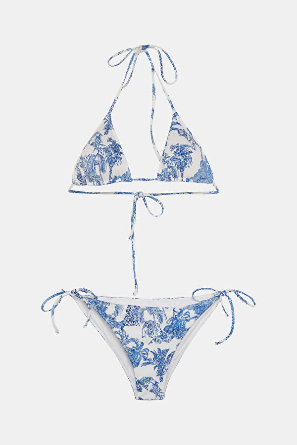 Blue Patterned Tie-Up Women's Bikini