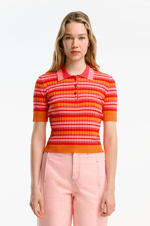 Red Striped Pattern Short-Sleeve Women's Blouse
