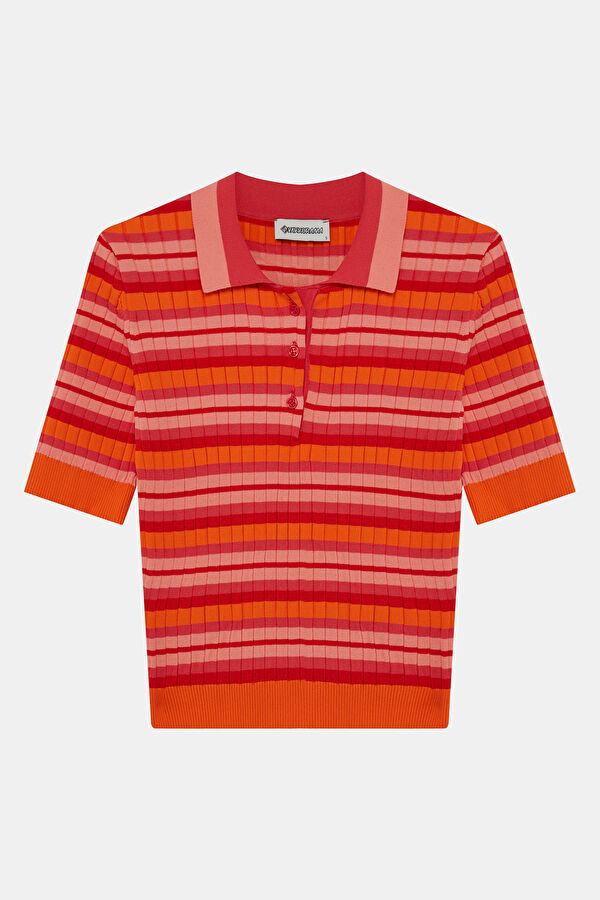 Red Striped Pattern Short-Sleeve Women's Blouse 4