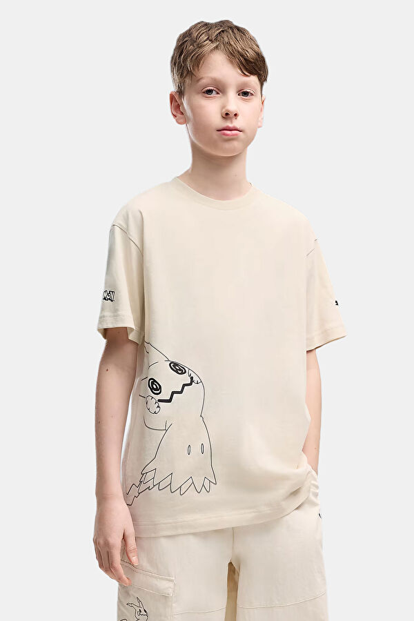 Relax Kalıp Krem Bisiklet Yaka Çocuk T-Shirt 3