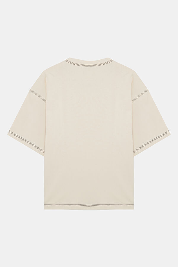 Relax Kalıp Krem Bisiklet Yaka Erkek T-Shirt 2