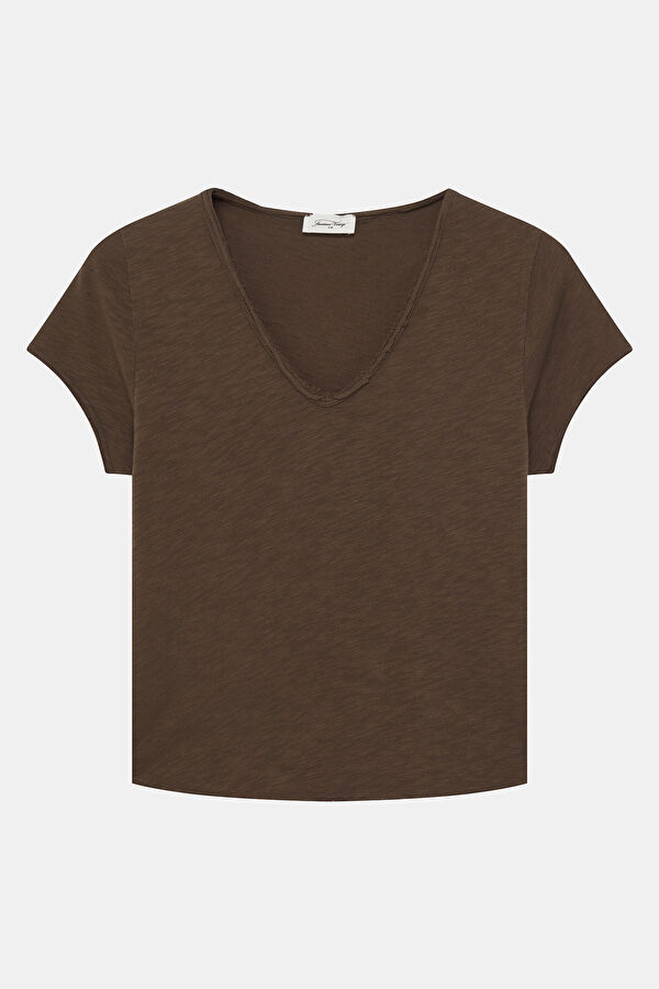 Kahve V Yaka Kadın T-Shirt