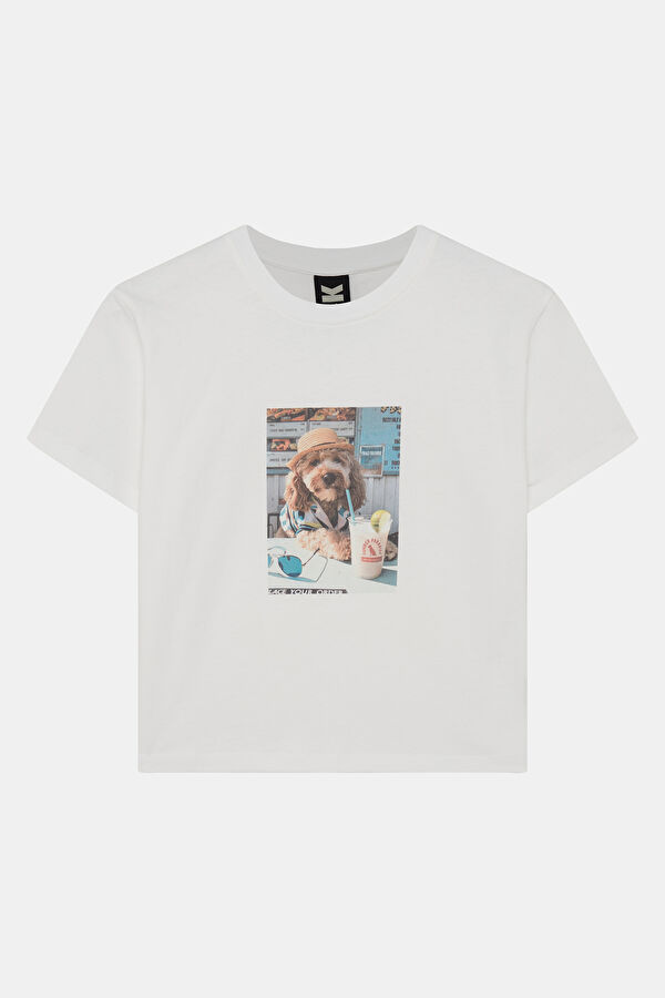 Relax Kalıp Beyaz Bisiklet Yaka Baskılı Kadın T-Shirt