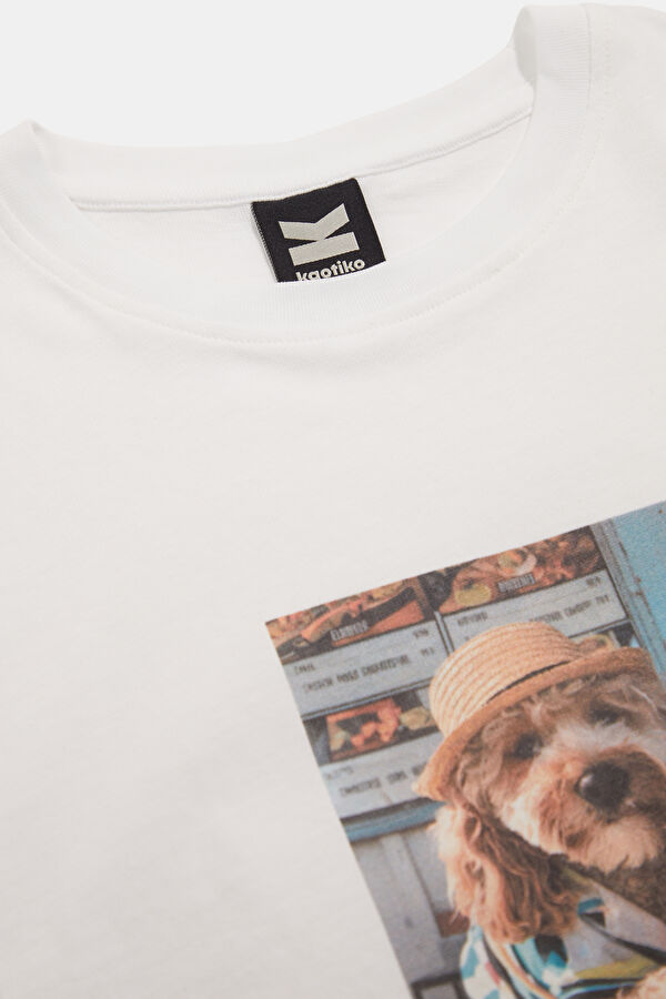 Relax Kalıp Beyaz Bisiklet Yaka Baskılı Kadın T-Shirt 3
