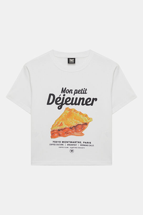 Relax Kalıp Beyaz Bisiklet Yaka Baskılı Kadın T-Shirt