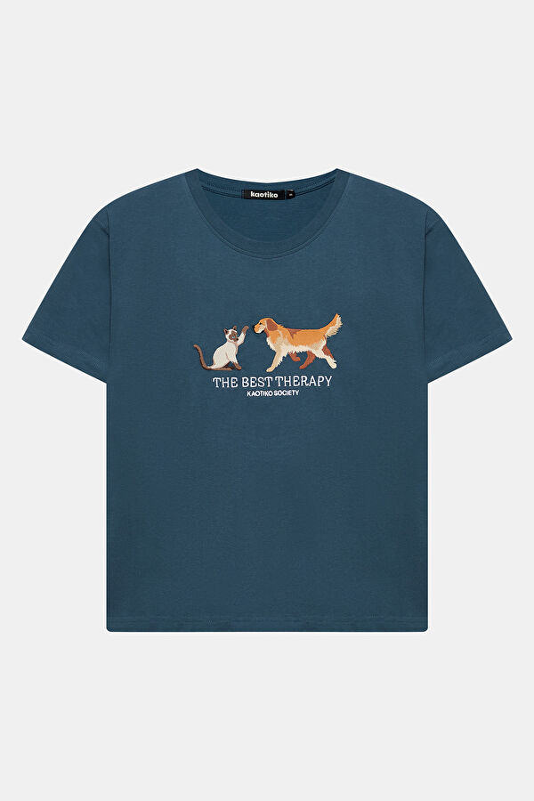 Relax Kalıp Lacivert Bisiklet Yaka Baskılı Kadın T-Shirt