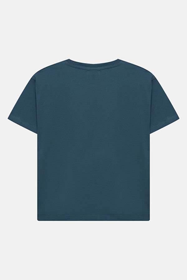 Relax Kalıp Lacivert Bisiklet Yaka Baskılı Kadın T-Shirt 2