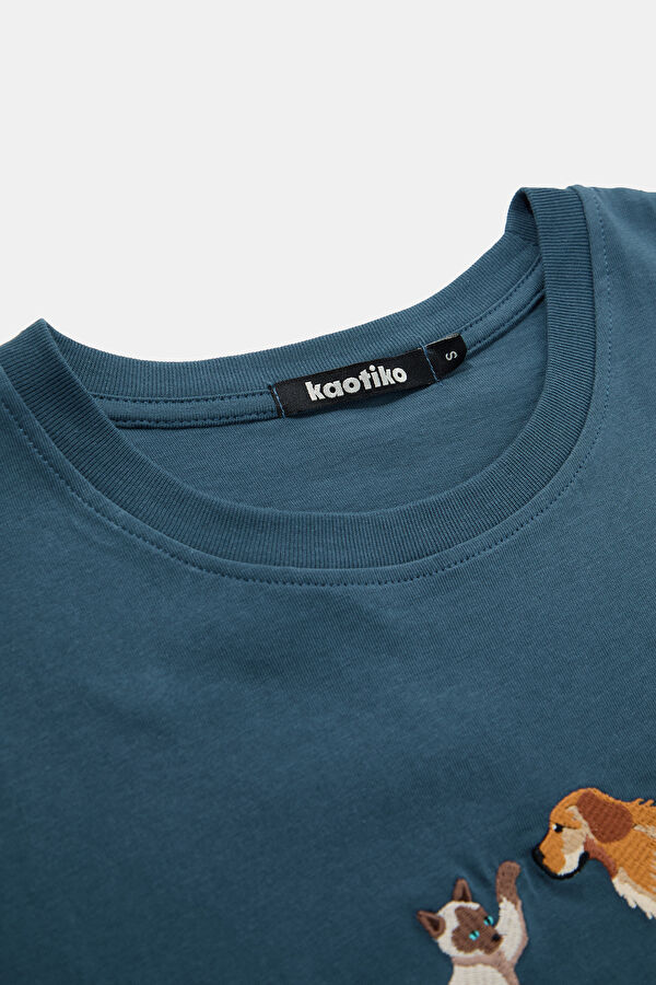 Relax Kalıp Lacivert Bisiklet Yaka Baskılı Kadın T-Shirt 3