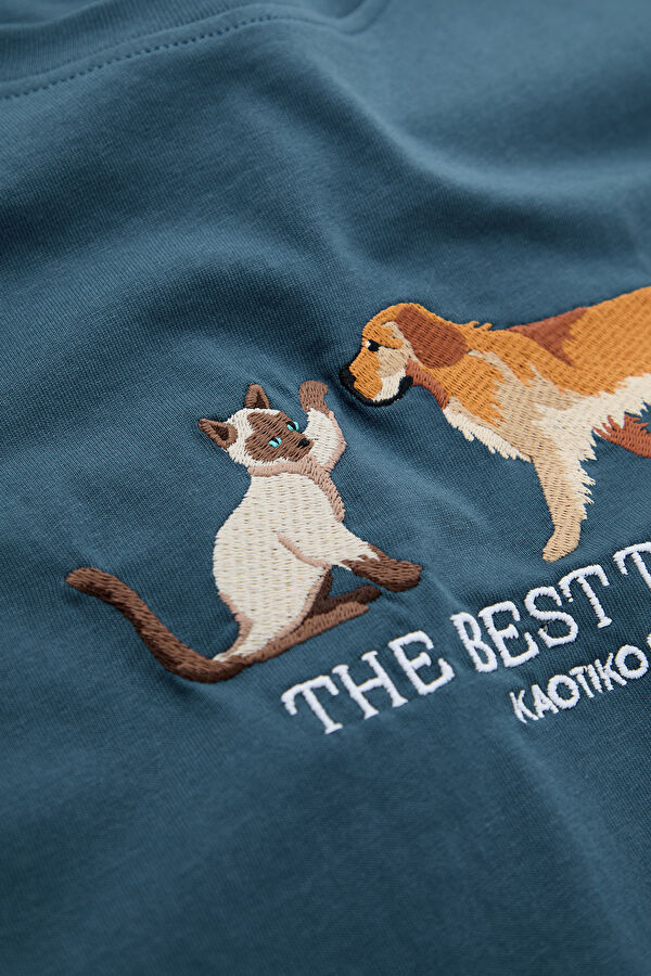 Relax Kalıp Lacivert Bisiklet Yaka Baskılı Kadın T-Shirt 4