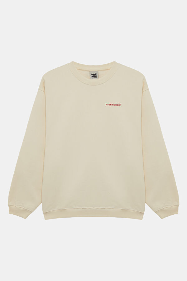 Ekru Relax Kalıp Bisiklet Yaka Kadın Sweatshirt