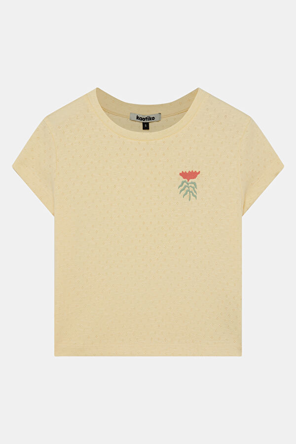 Relax Kalıp Sarı Bisiklet Yaka Baskılı Kadın T-Shirt