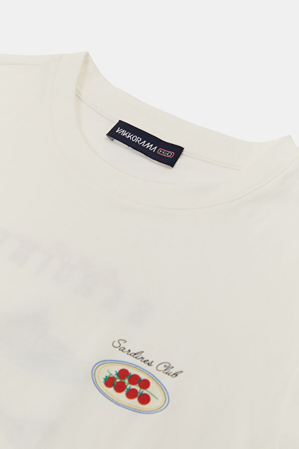 Beyaz Bisiklet Yaka Baskılı Kadın T-Shirt 3